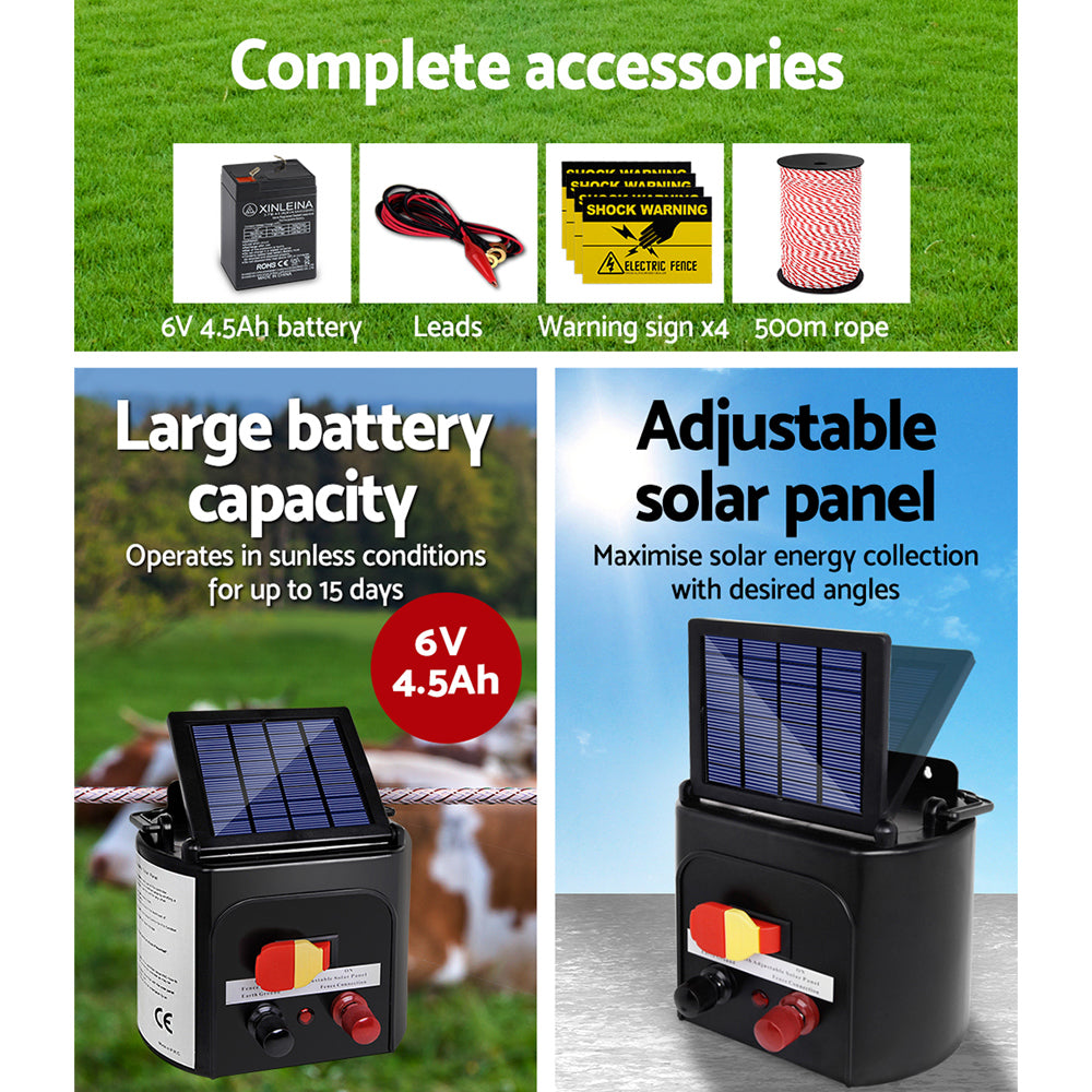 Giantz 3km Solar Electric Fence Energiser Set with solar panel, battery, and accessories for livestock protection.