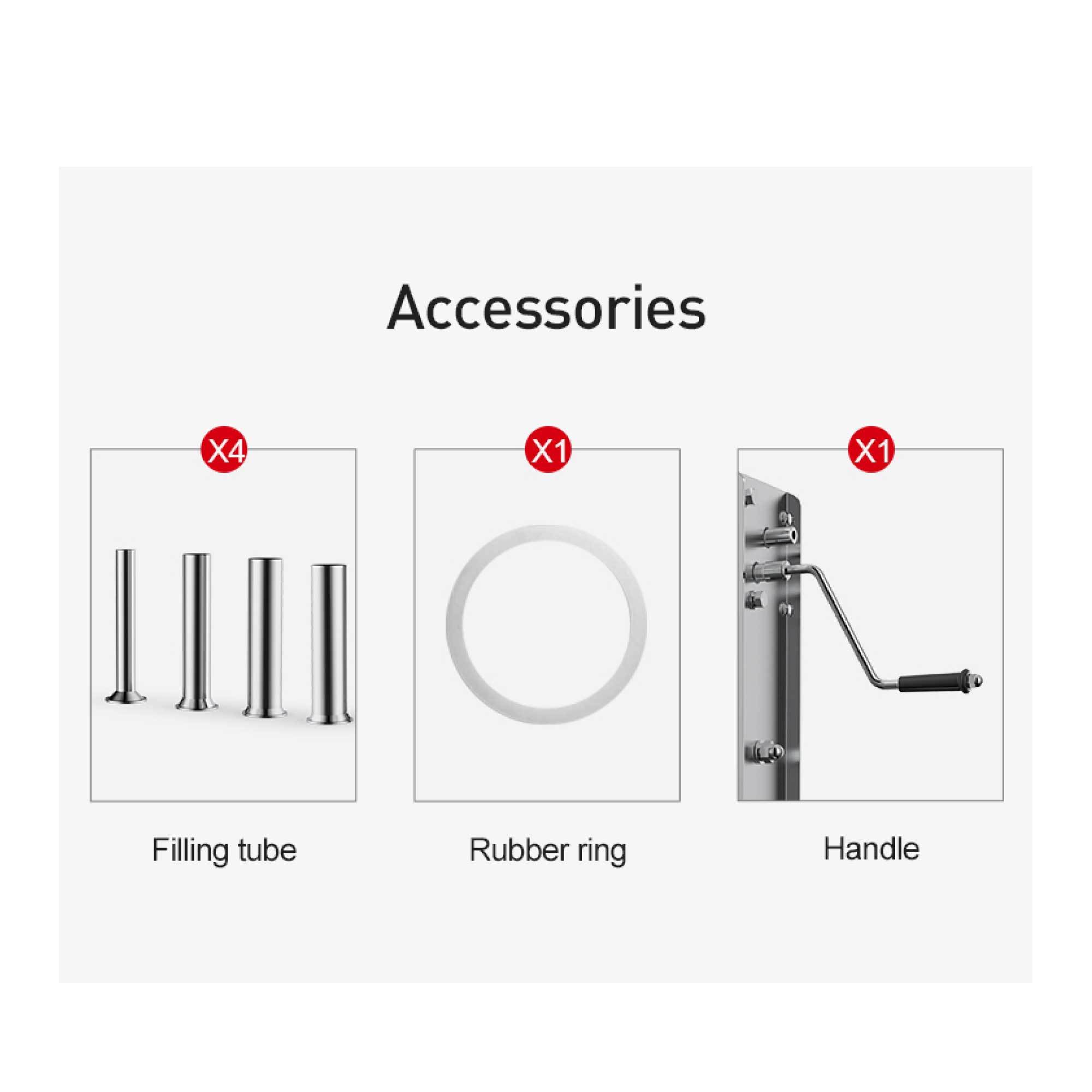 3L Manual Horizontal Sausage Filler made of stainless steel with various nozzles for sausage making.