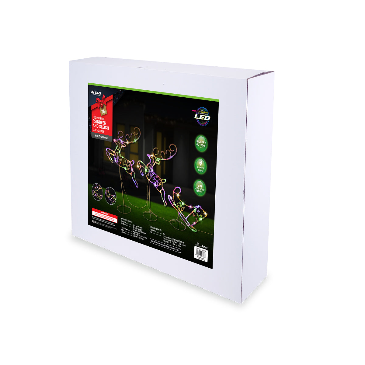 A festive 3m Reindeer and Sleigh set illuminated with 76 multi-colour LED lights, showcasing two reindeer and a sleigh, perfect for holiday decorations.