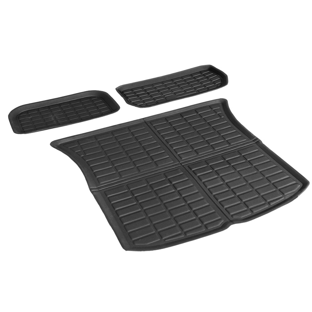 3PCS rubber car mats for Tesla Model-Y, including front trunk, rear cargo, and toolbox mats, designed for durability and protection.