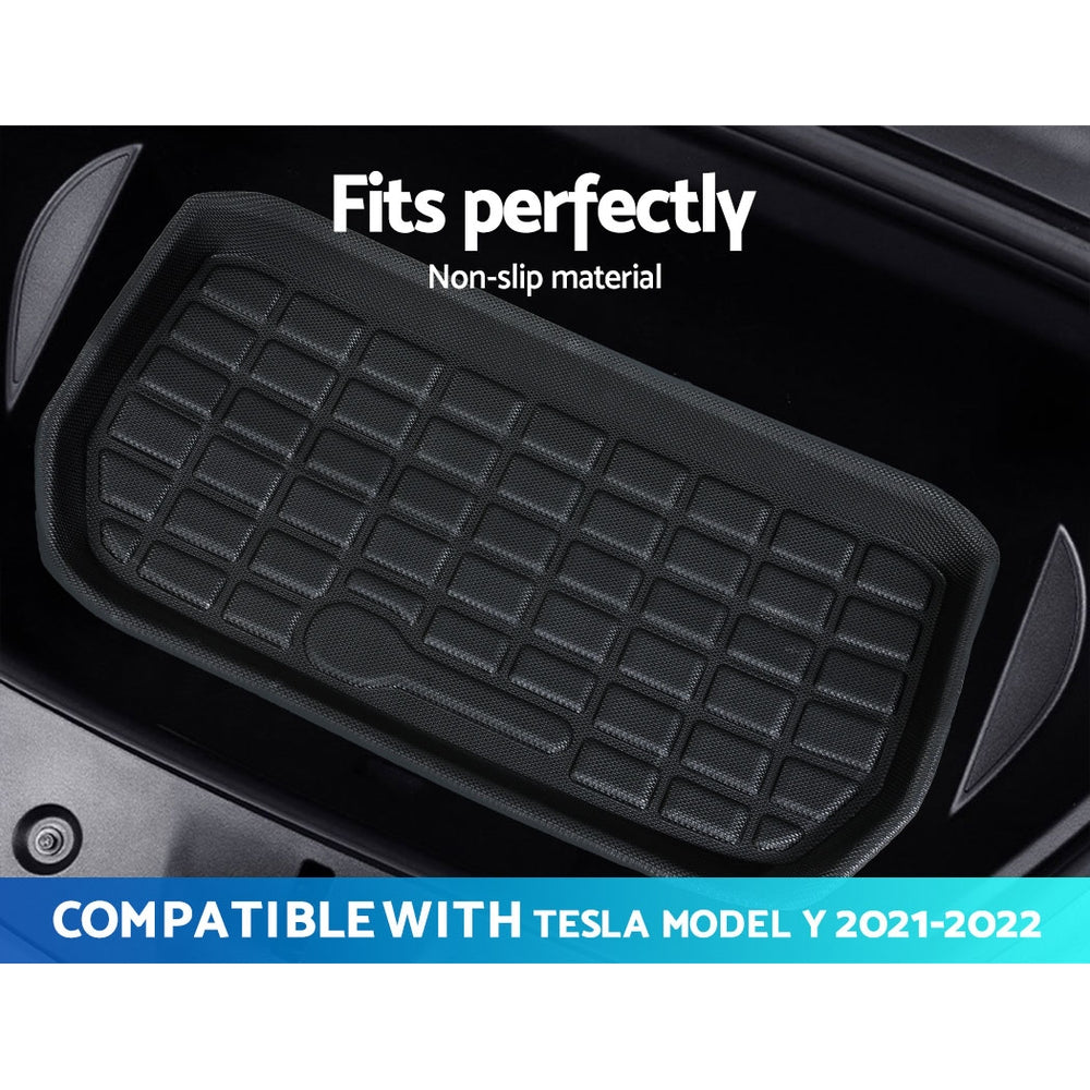 3PCS rubber car mats for Tesla Model-Y, including front trunk, rear cargo, and toolbox mats, designed for durability and protection.