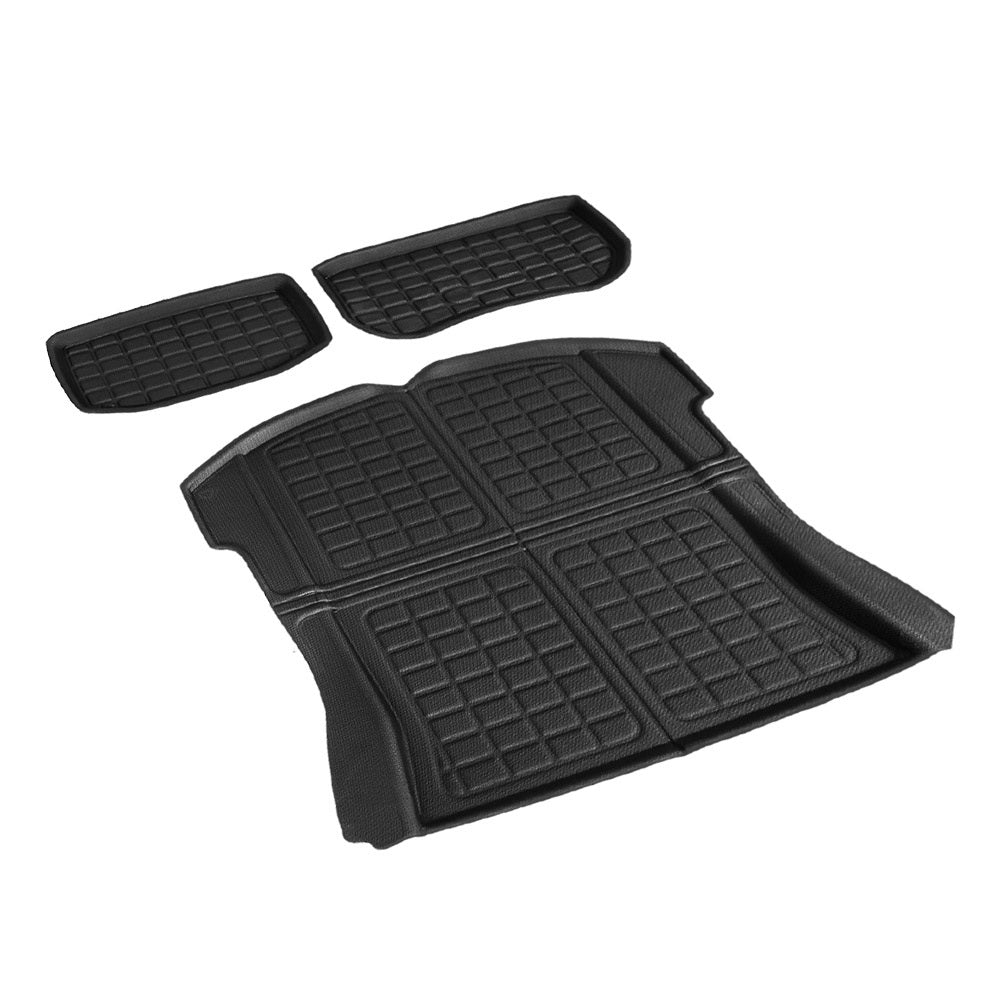 3PCS rubber car mats set for Tesla Model 3, including front trunk, rear trunk cargo, and toolbox mats, designed for durability and easy cleaning.