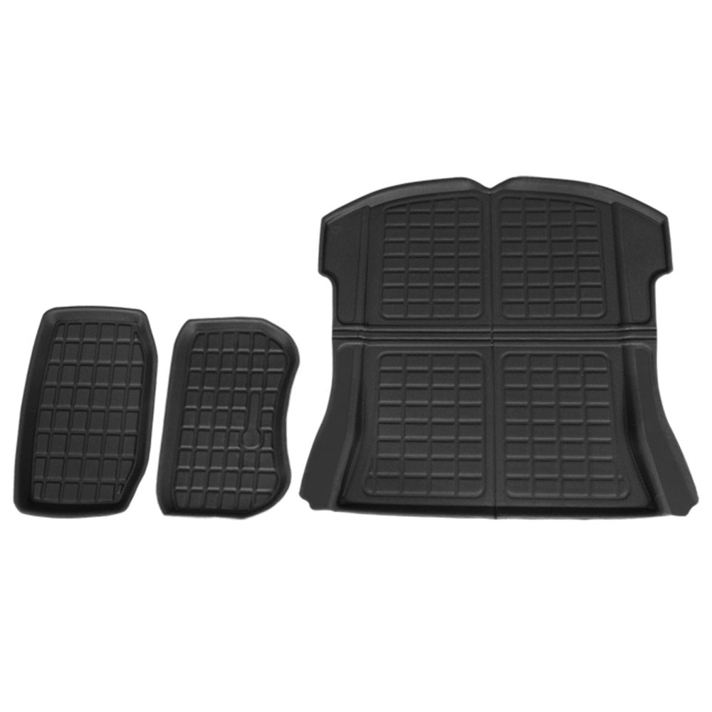 3PCS rubber car mats set for Tesla Model 3, including front trunk, rear trunk cargo, and toolbox mats, designed for durability and easy cleaning.