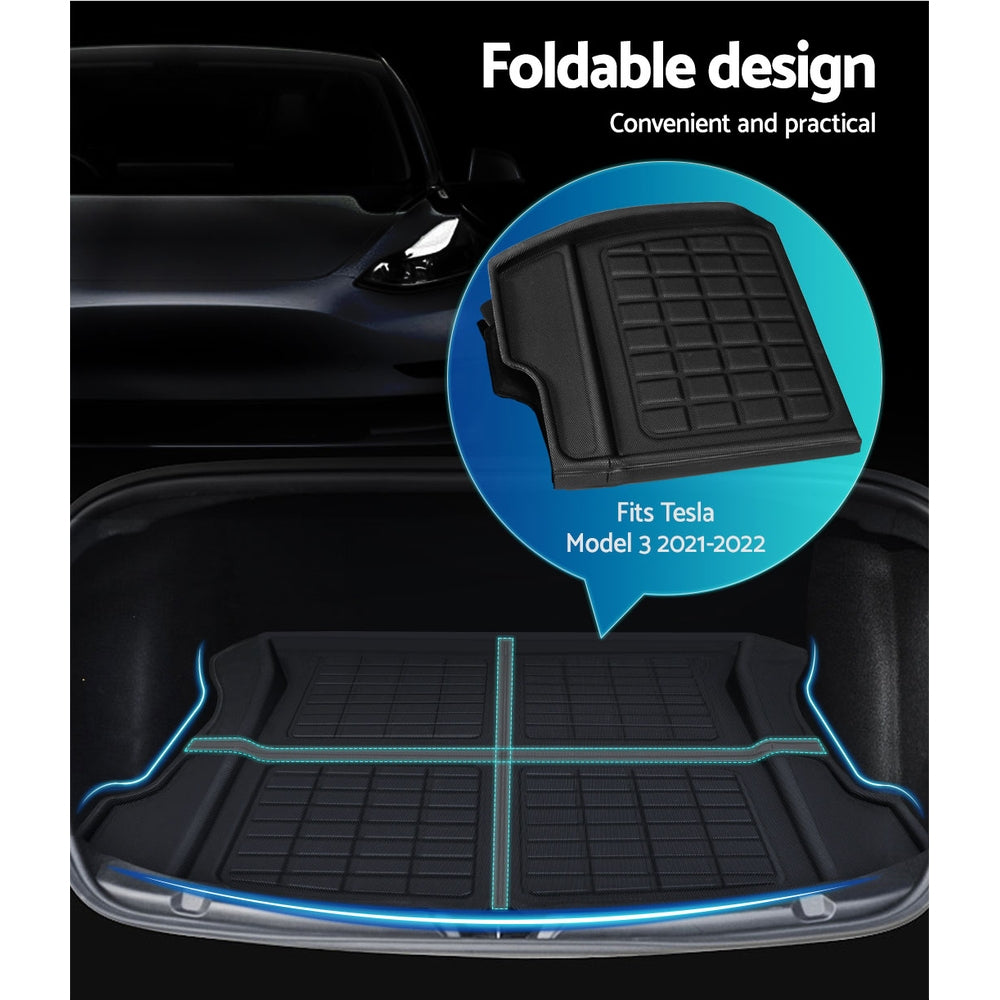 3PCS rubber car mats set for Tesla Model 3, including front trunk, rear trunk cargo, and toolbox mats, designed for durability and easy cleaning.