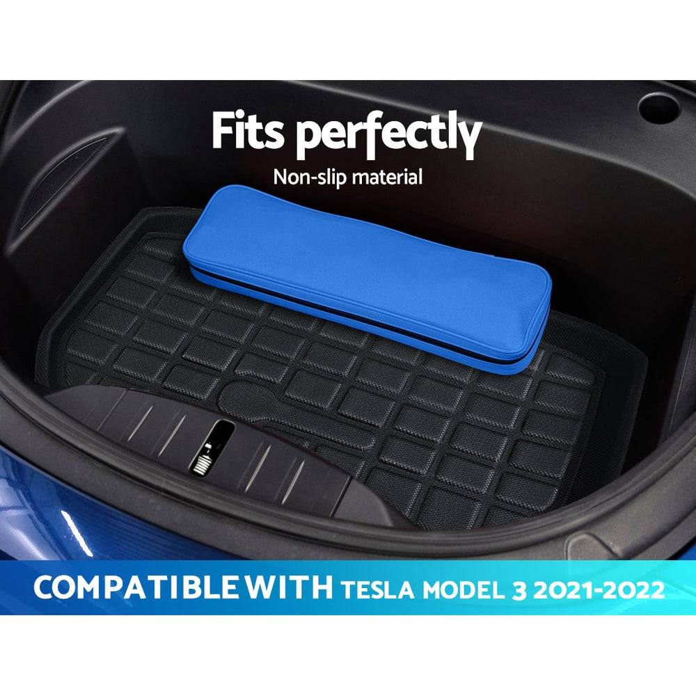 3PCS rubber car mats set for Tesla Model 3, including front trunk, rear trunk cargo, and toolbox mats, designed for durability and easy cleaning.