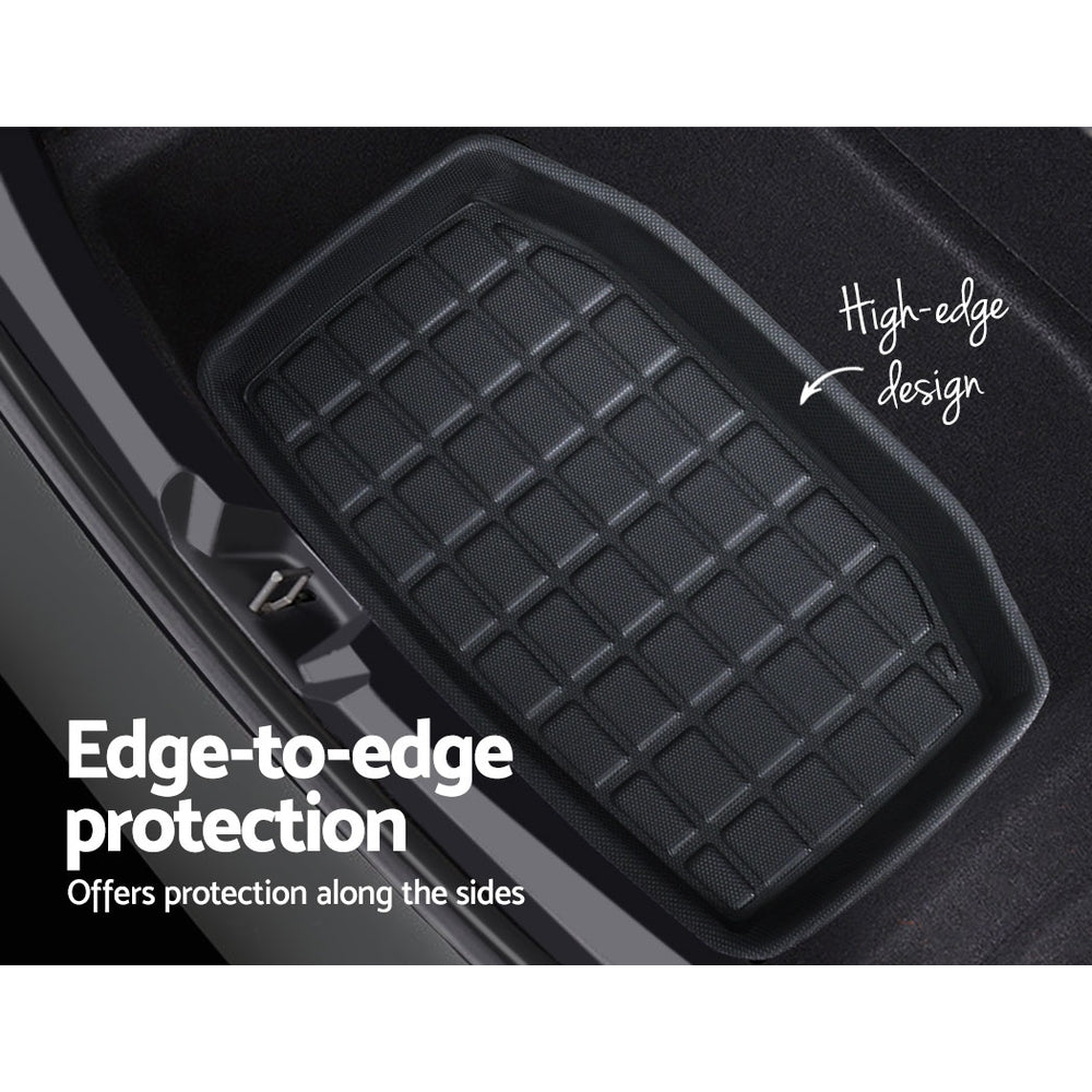3PCS rubber car mats set for Tesla Model 3, including front trunk, rear trunk cargo, and toolbox mats, designed for durability and easy cleaning.