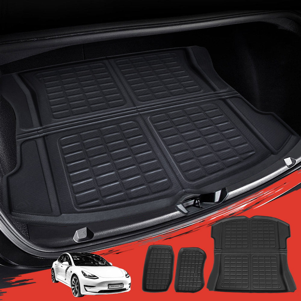 3PCS rubber car mats set for Tesla Model 3, including front trunk, rear trunk cargo, and toolbox mats, designed for durability and easy cleaning.