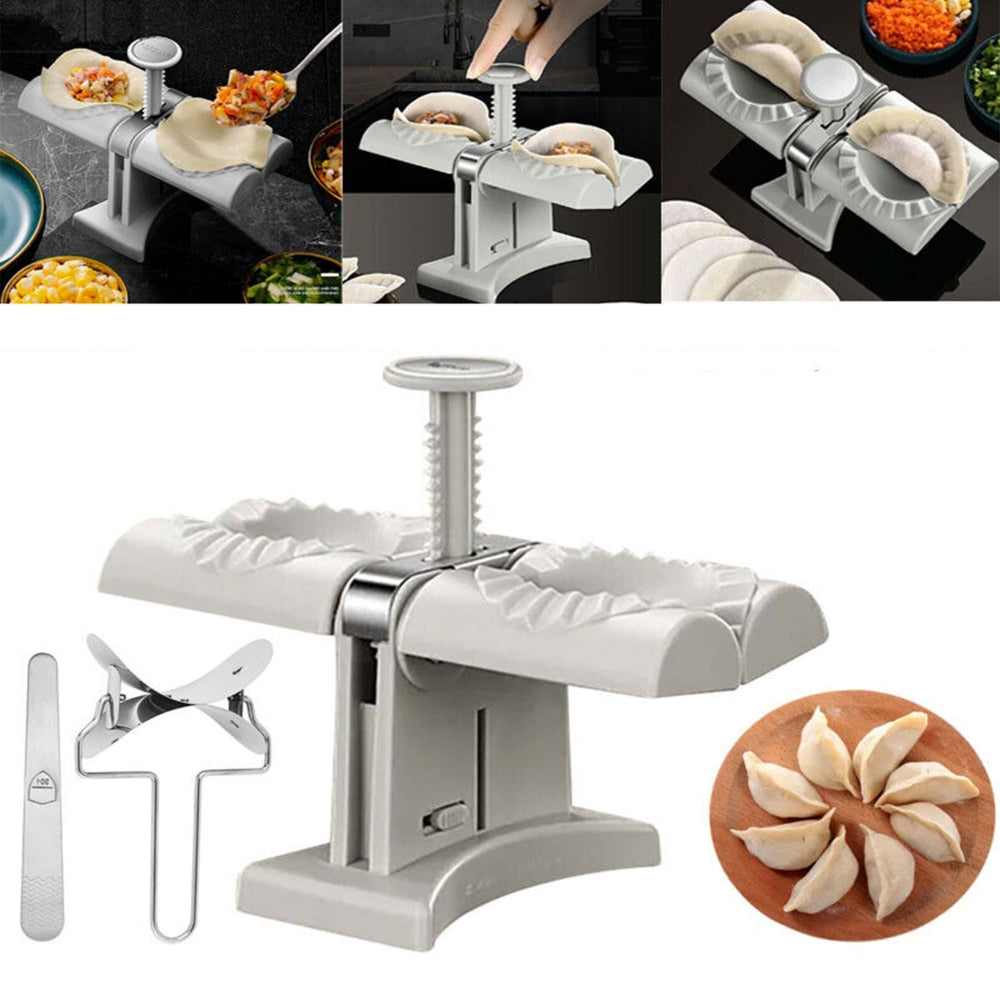 3PCS Double Head Dumpling Mould Automatic Dumpling Maker with stainless steel and PP material, designed for easy dumpling preparation.
