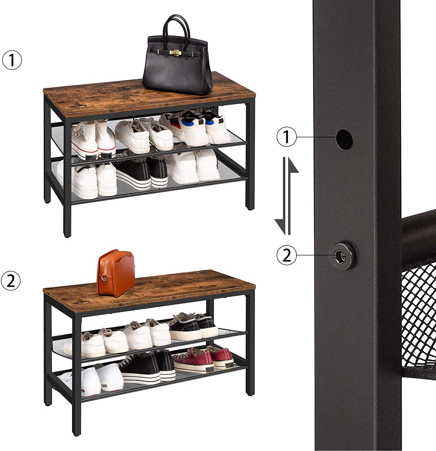 3-Tier Shoe Rack featuring industrial design with rustic brown and black colors, includes coat hooks and a sturdy shoe storage bench.