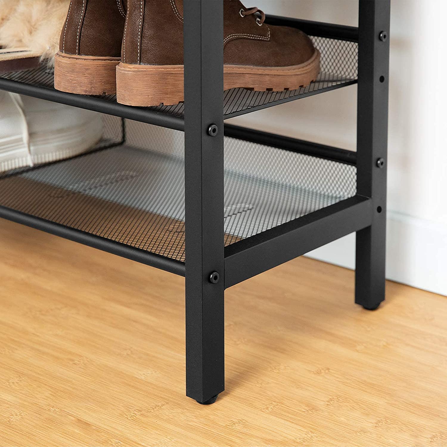 3-Tier Shoe Rack featuring industrial design with rustic brown and black colors, includes coat hooks and a sturdy shoe storage bench.