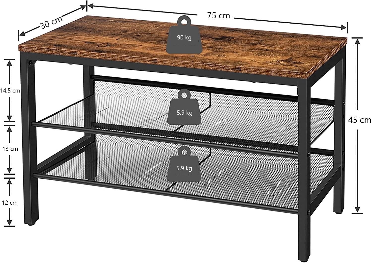 3-Tier Shoe Rack featuring industrial design with rustic brown and black colors, includes coat hooks and a sturdy shoe storage bench.