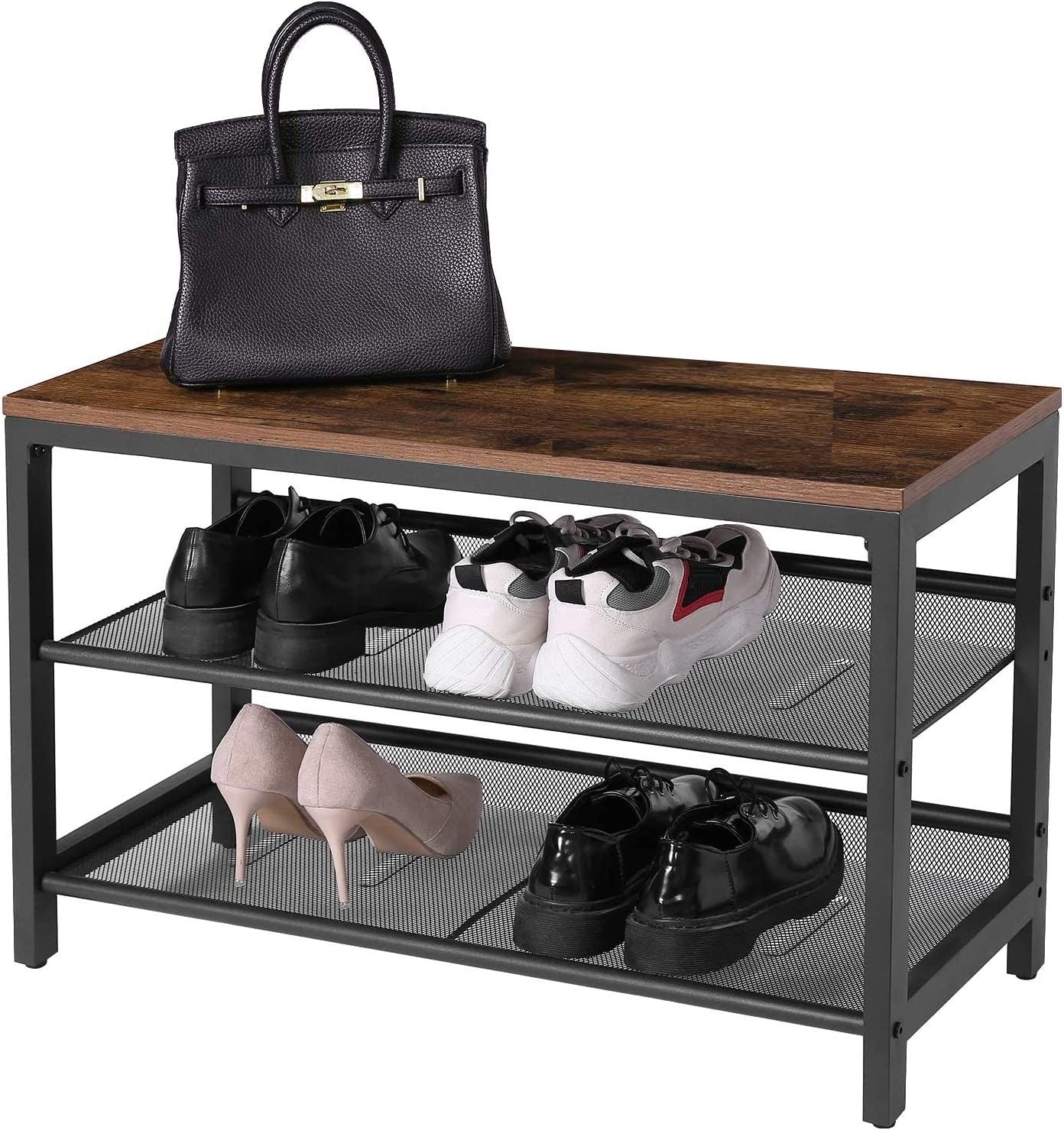 3-Tier Shoe Rack featuring industrial design with rustic brown and black colors, includes coat hooks and a sturdy shoe storage bench.