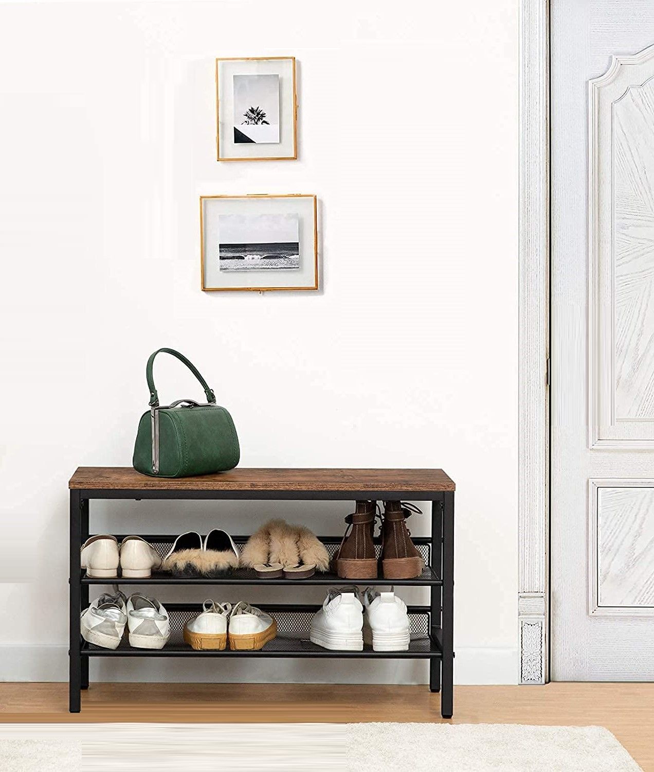 3-Tier Shoe Rack featuring industrial design with rustic brown and black colors, includes coat hooks and a sturdy shoe storage bench.