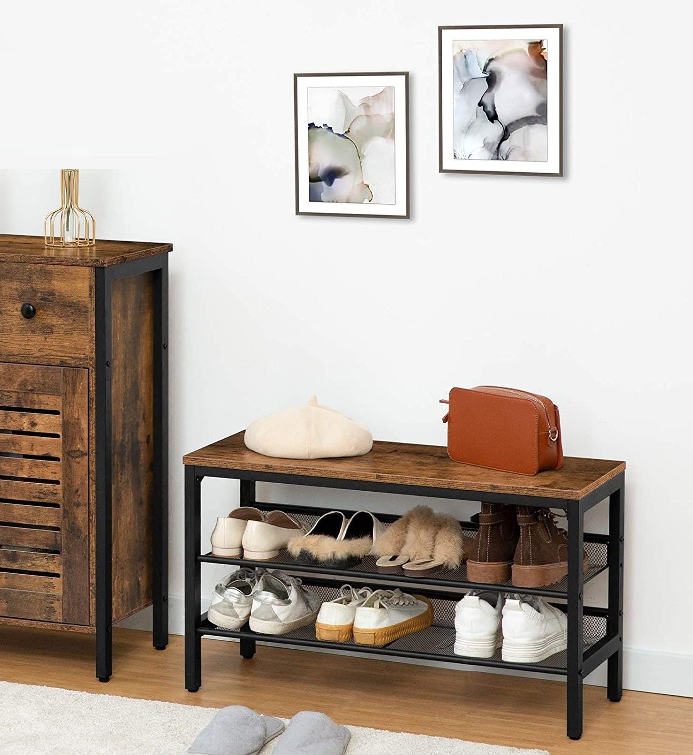 3-Tier Shoe Rack featuring industrial design with rustic brown and black colors, includes coat hooks and a sturdy shoe storage bench.