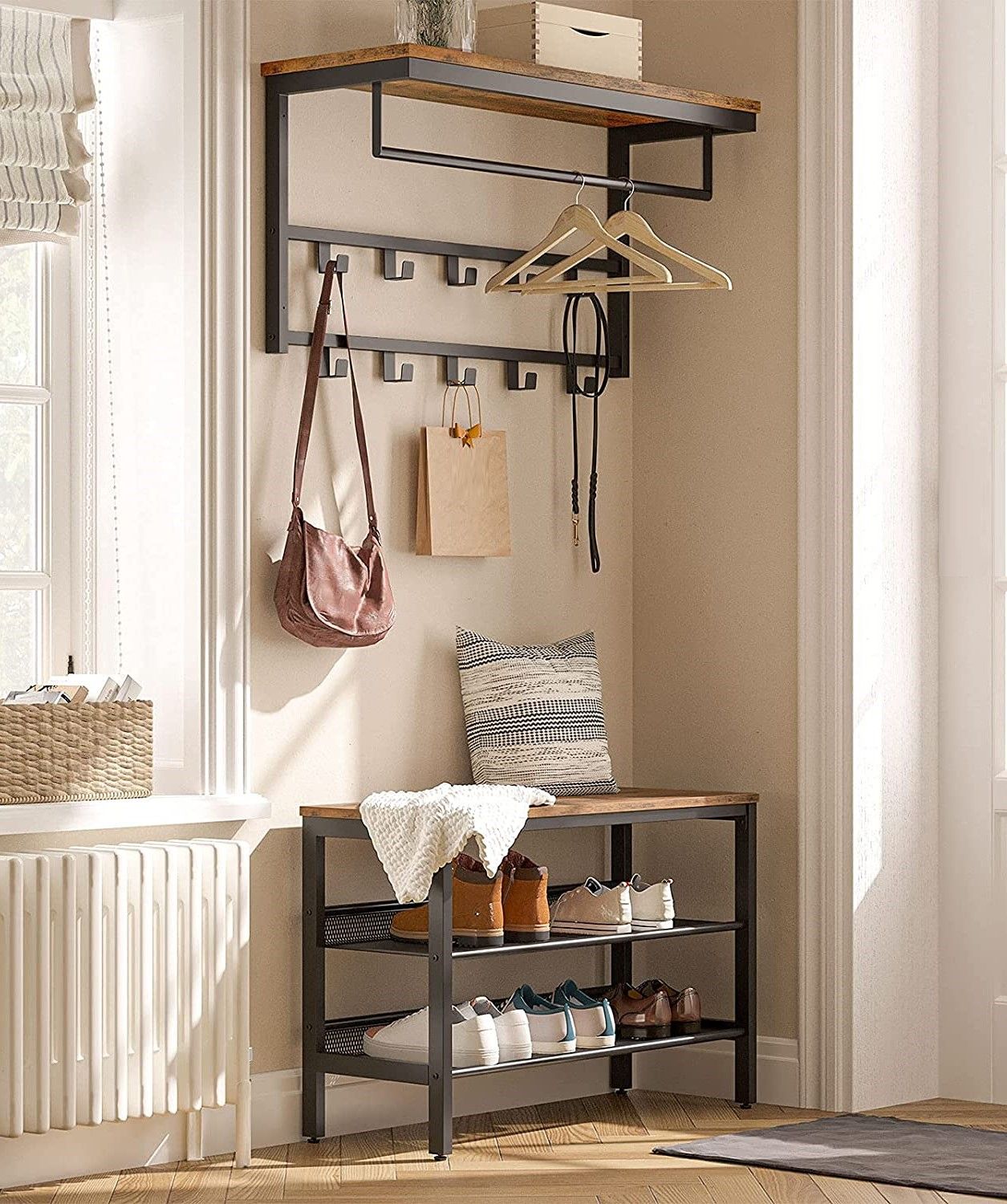 3-Tier Shoe Rack featuring industrial design with rustic brown and black colors, includes coat hooks and a sturdy shoe storage bench.