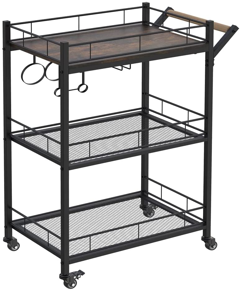 3-Tier Vintage Kitchen Serving Cart on Wheels with Wine Rack in rustic brown finish, showcasing its elegant design and ample storage space.
