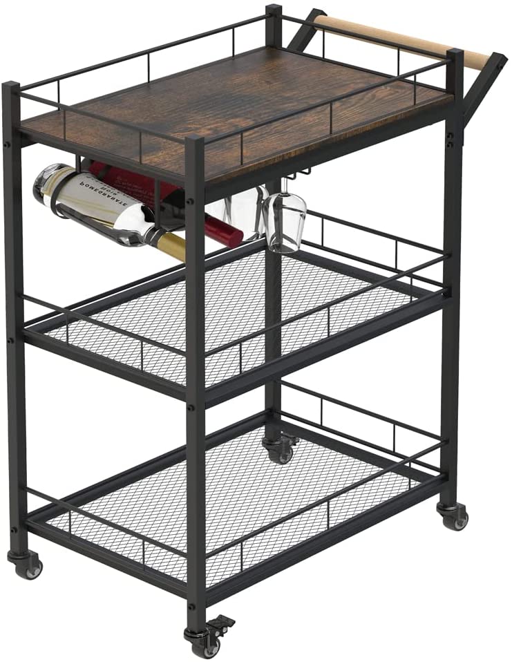 3-Tier Vintage Kitchen Serving Cart on Wheels with Wine Rack in rustic brown finish, showcasing its elegant design and ample storage space.
