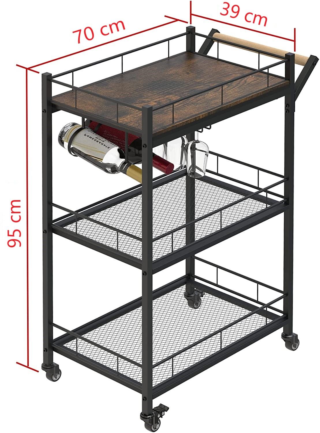3-Tier Vintage Kitchen Serving Cart on Wheels with Wine Rack in rustic brown finish, showcasing its elegant design and ample storage space.