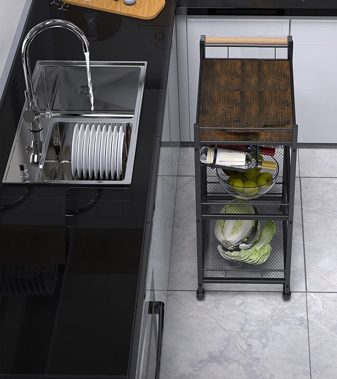 3-Tier Vintage Kitchen Serving Cart on Wheels with Wine Rack in rustic brown finish, showcasing its elegant design and ample storage space.