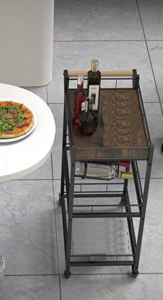 3-Tier Vintage Kitchen Serving Cart on Wheels with Wine Rack in rustic brown finish, showcasing its elegant design and ample storage space.