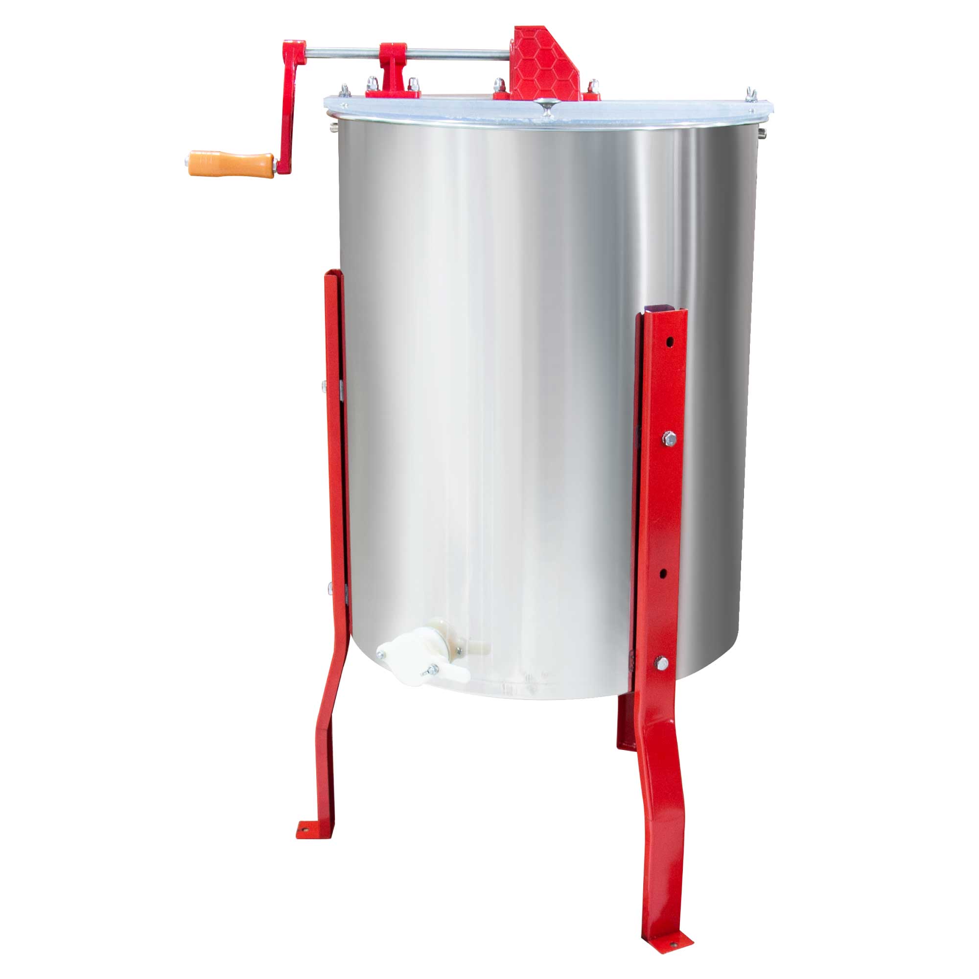 4 Frame Stainless Steel Honey Extractor with manual spinner crank and clear acrylic lids.