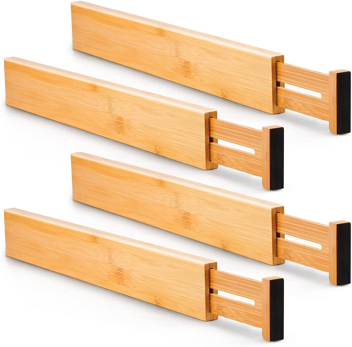 4 Pack Bamboo Adjustable Kitchen Drawer Dividers in a natural finish, showcasing their expandable design and rubber pads for drawer protection.