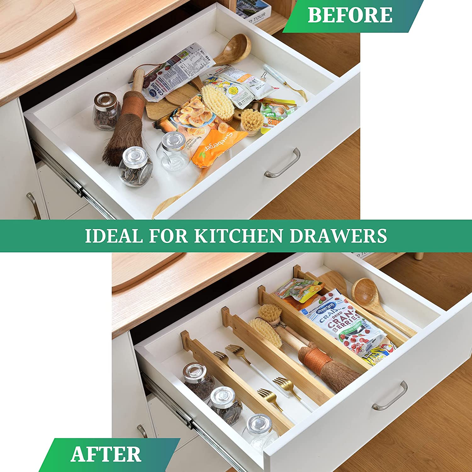 4 Pack Bamboo Adjustable Kitchen Drawer Dividers in a natural finish, showcasing their expandable design and rubber pads for drawer protection.