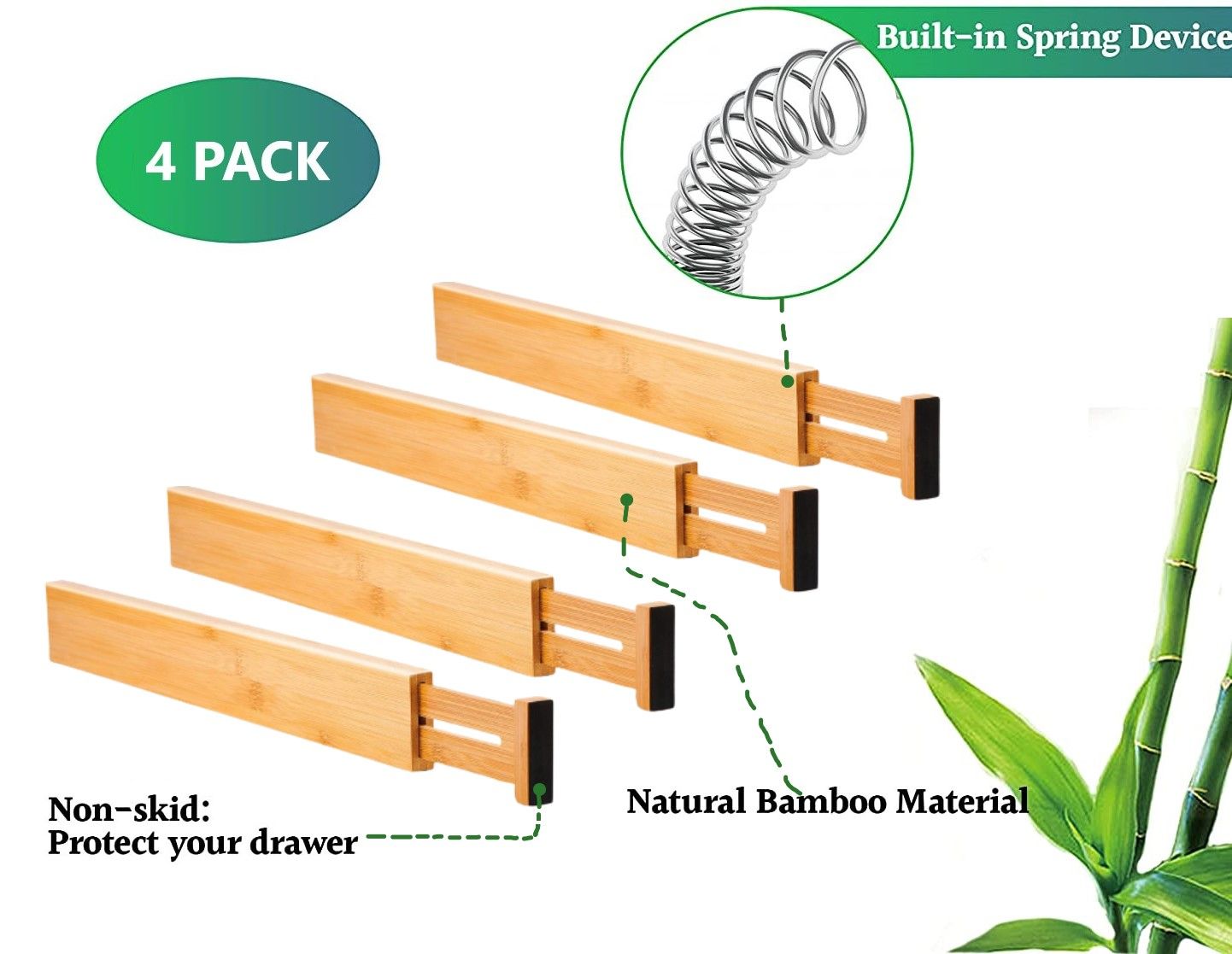 4 Pack Bamboo Adjustable Kitchen Drawer Dividers in a natural finish, showcasing their expandable design and rubber pads for drawer protection.