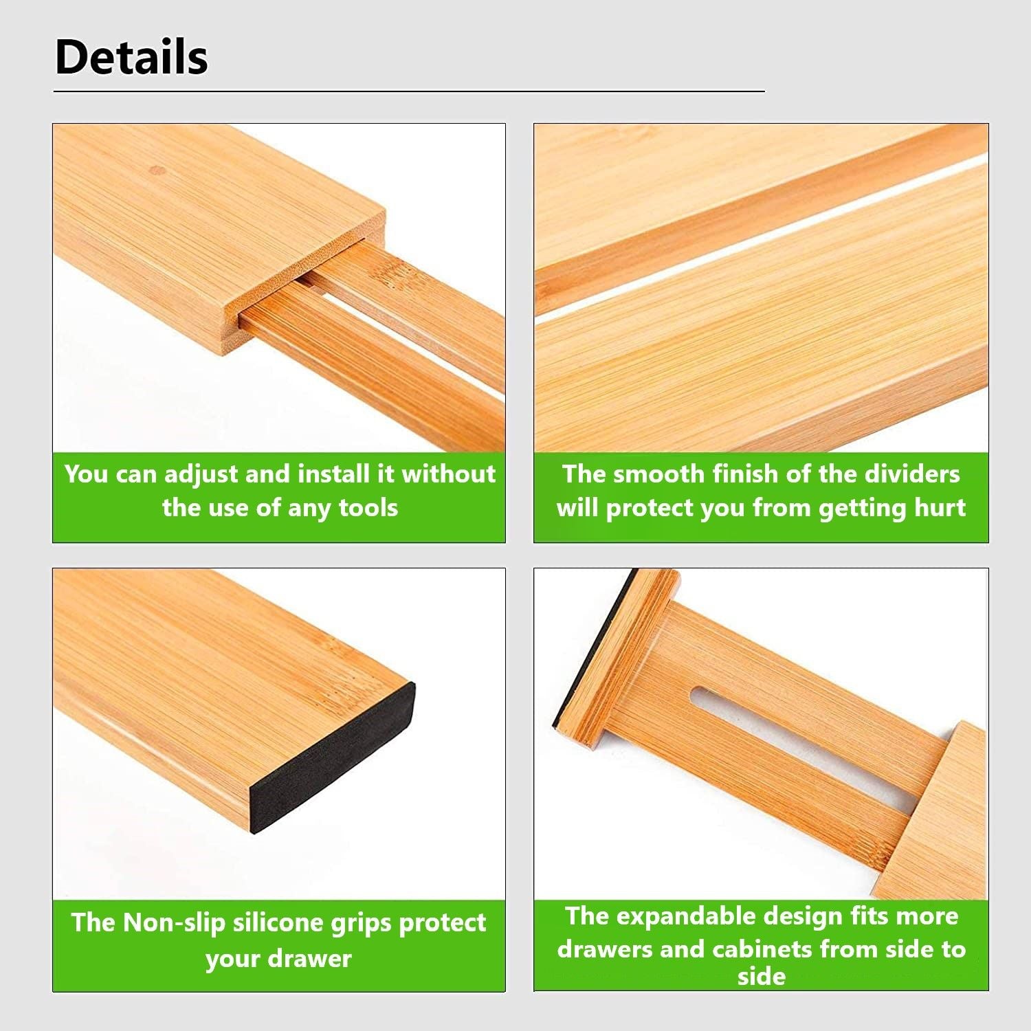 4 Pack Bamboo Adjustable Kitchen Drawer Dividers in a natural finish, showcasing their expandable design and rubber pads for drawer protection.