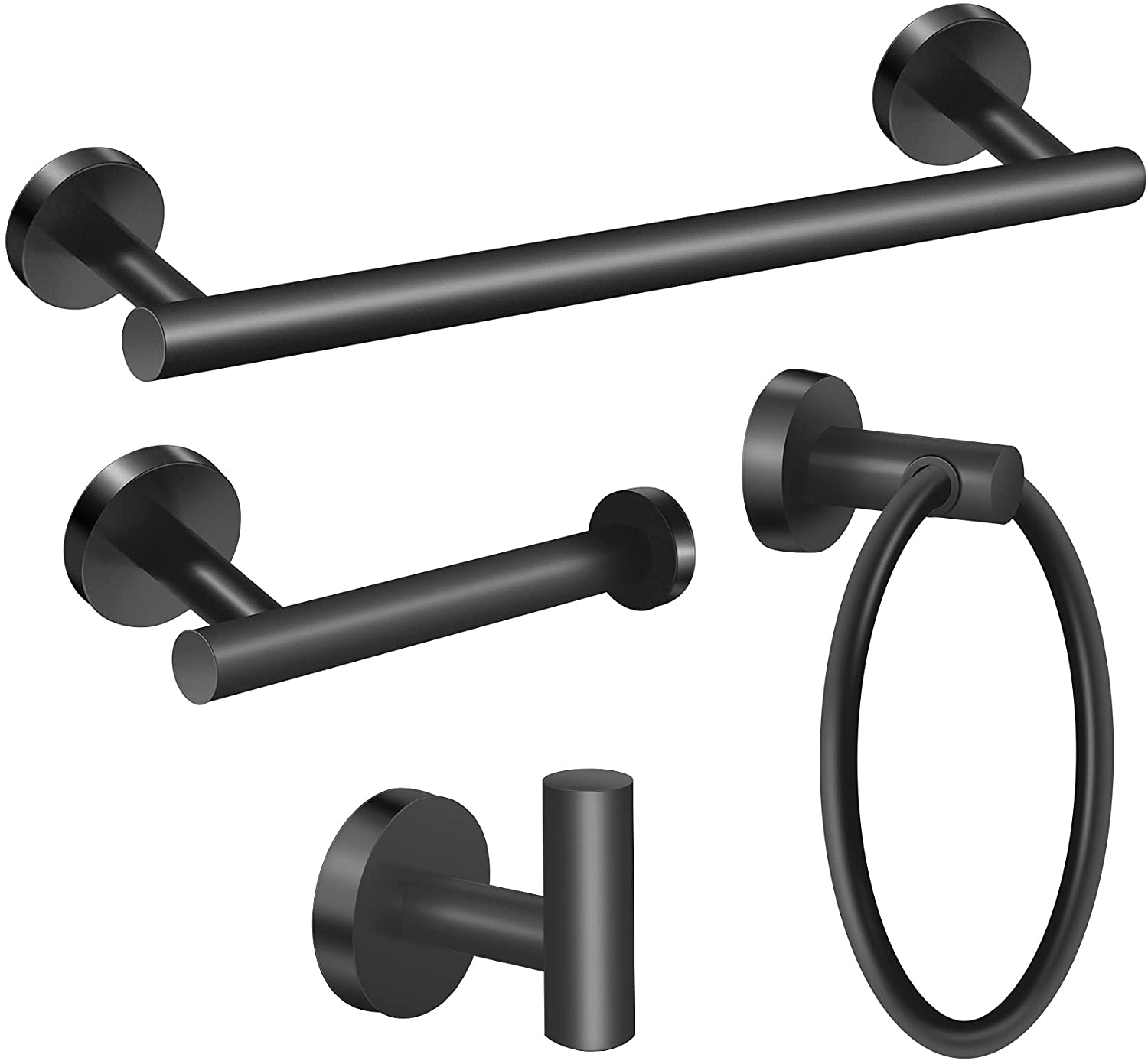 4 Piece Stainless Steel Towel Rack Set with Brushed Finish, featuring a towel bar, toilet paper holder, robe hook, and towel ring in matte black.