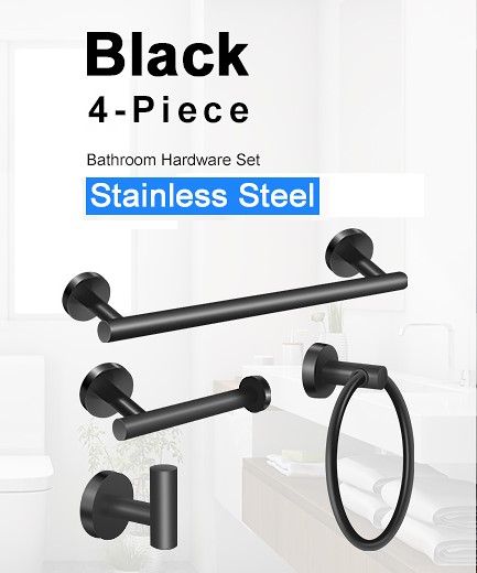 4 Piece Stainless Steel Towel Rack Set with Brushed Finish, featuring a towel bar, toilet paper holder, robe hook, and towel ring in matte black.