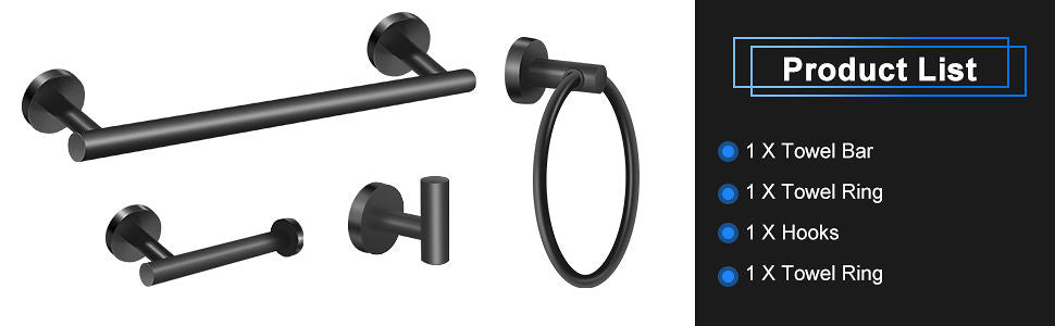 4 Piece Stainless Steel Towel Rack Set with Brushed Finish, featuring a towel bar, toilet paper holder, robe hook, and towel ring in matte black.