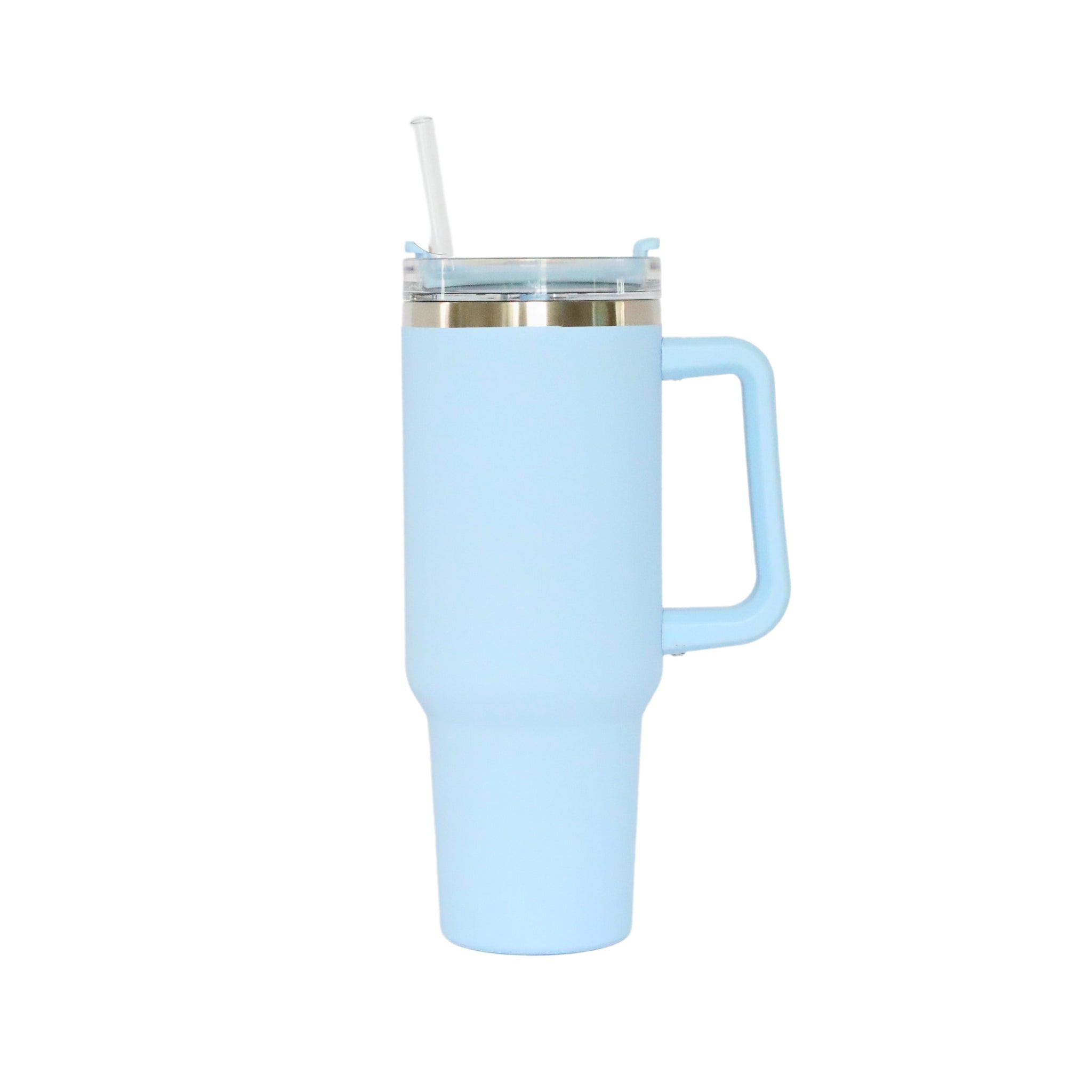 Light blue 40 Oz stainless steel tumbler with handle and straw, perfect for outdoor adventures and everyday use.