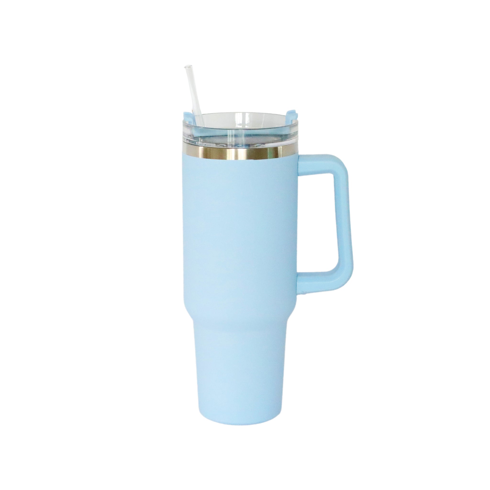 Light blue 40 Oz stainless steel tumbler with handle and straw, perfect for outdoor adventures and everyday use.