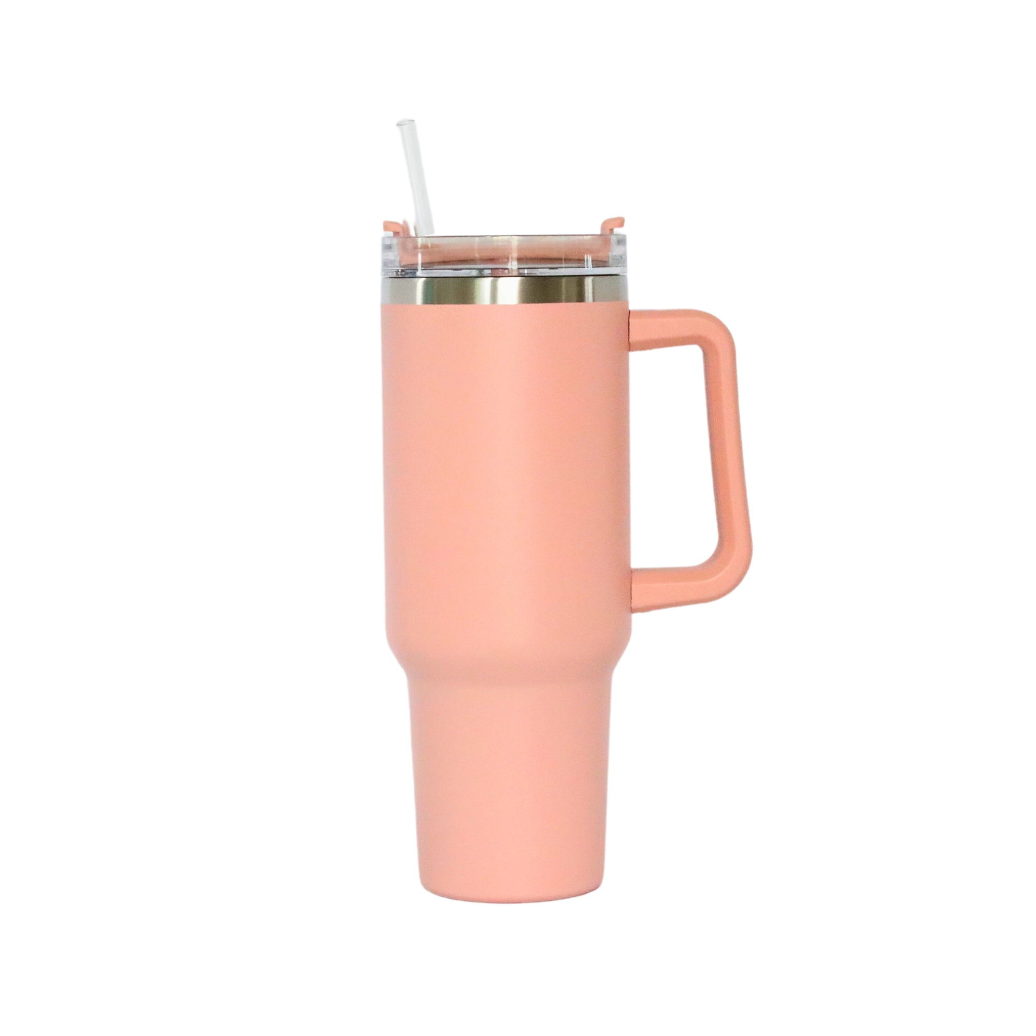 A vibrant peach-colored 40 Oz stainless steel tumbler with a handle and straw, perfect for outdoor adventures.