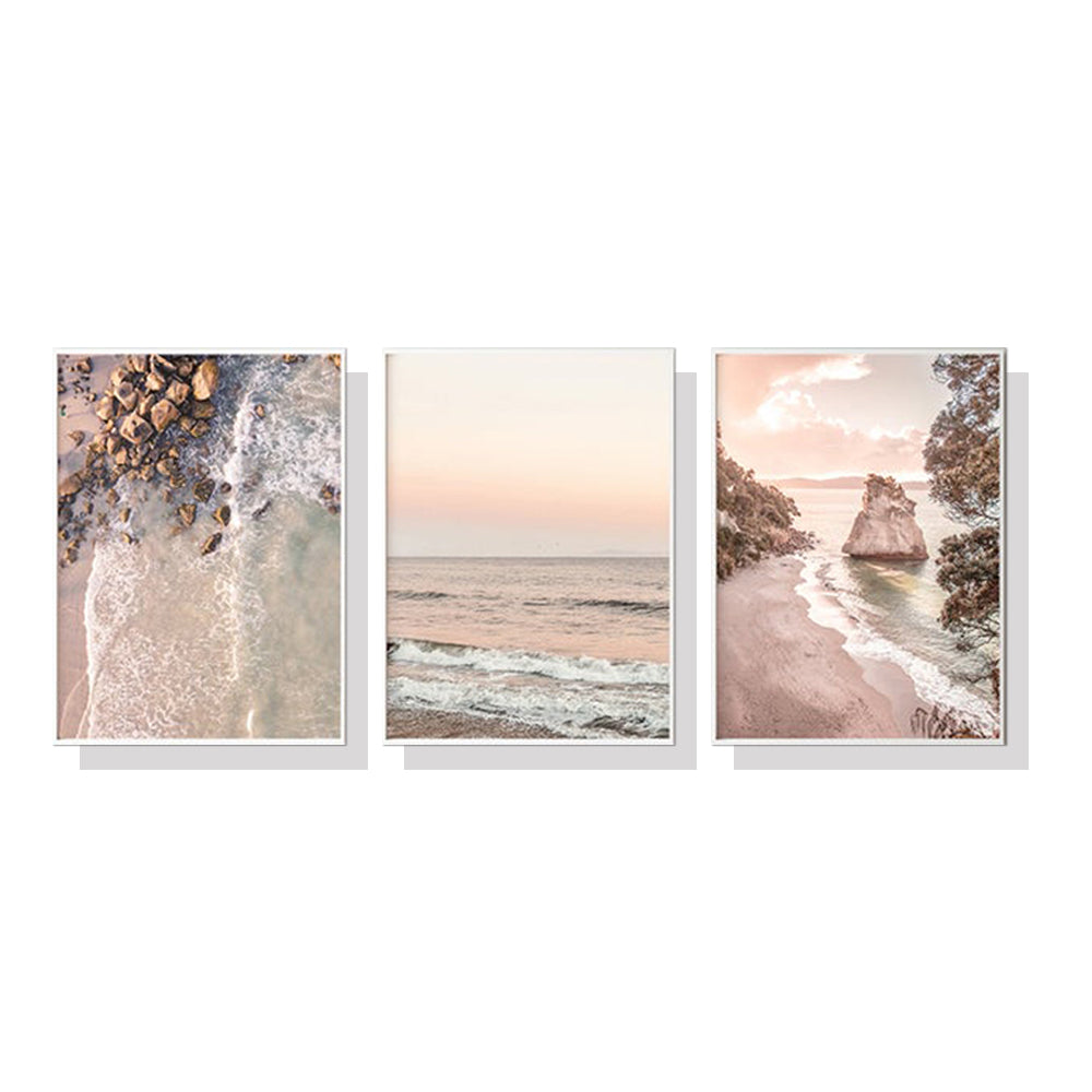 Three sets of 40cmx60cm canvas wall art featuring stunning New Zealand landscapes, framed in elegant white frames, ready to hang.