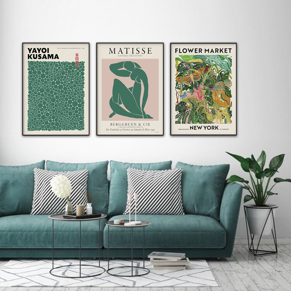 A beautifully framed 40cmx60cm Flower Market Matisse Print featuring Yayoi Kusama's vibrant designs, elegantly displayed with a floating frame.
