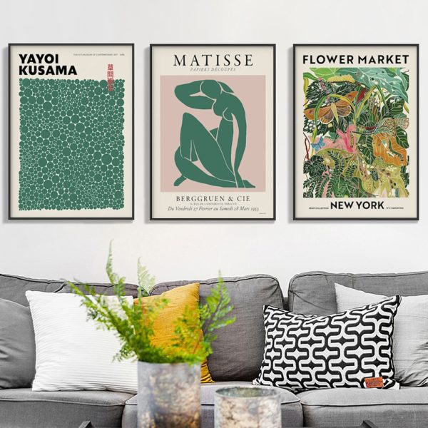 A beautifully framed 40cmx60cm Flower Market Matisse Print featuring Yayoi Kusama's vibrant designs, elegantly displayed with a floating frame.