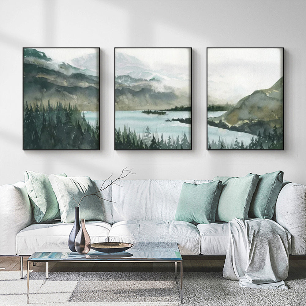 Three sets of 40cmx60cm landscape canvas wall art in black frames, showcasing vibrant colors and a floating effect.