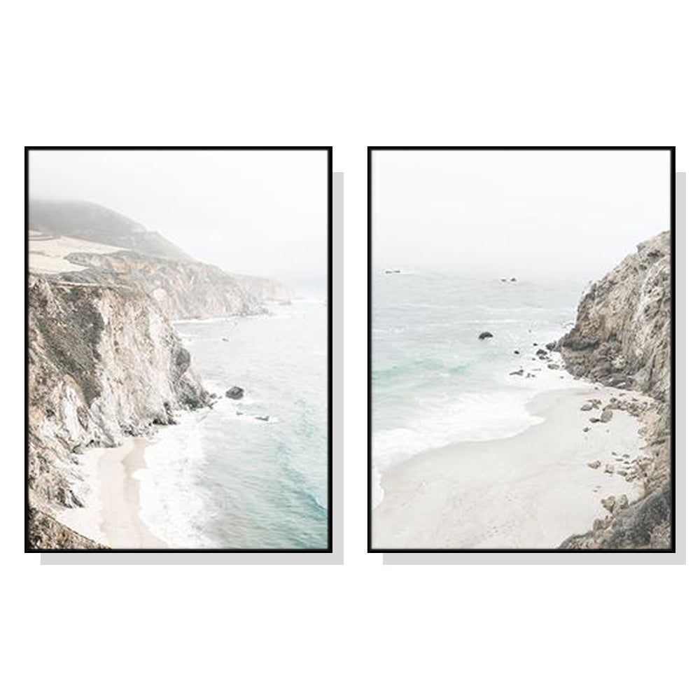 40cmx60cm Mountain Beach Canvas Wall Art in a black frame, showcasing a beautiful landscape print.