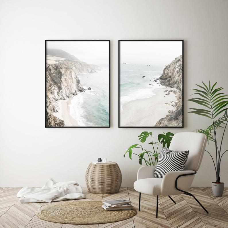 40cmx60cm Mountain Beach Canvas Wall Art in a black frame, showcasing a beautiful landscape print.