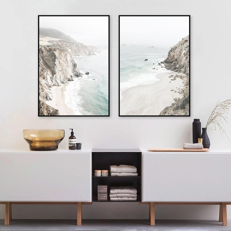40cmx60cm Mountain Beach Canvas Wall Art in a black frame, showcasing a beautiful landscape print.