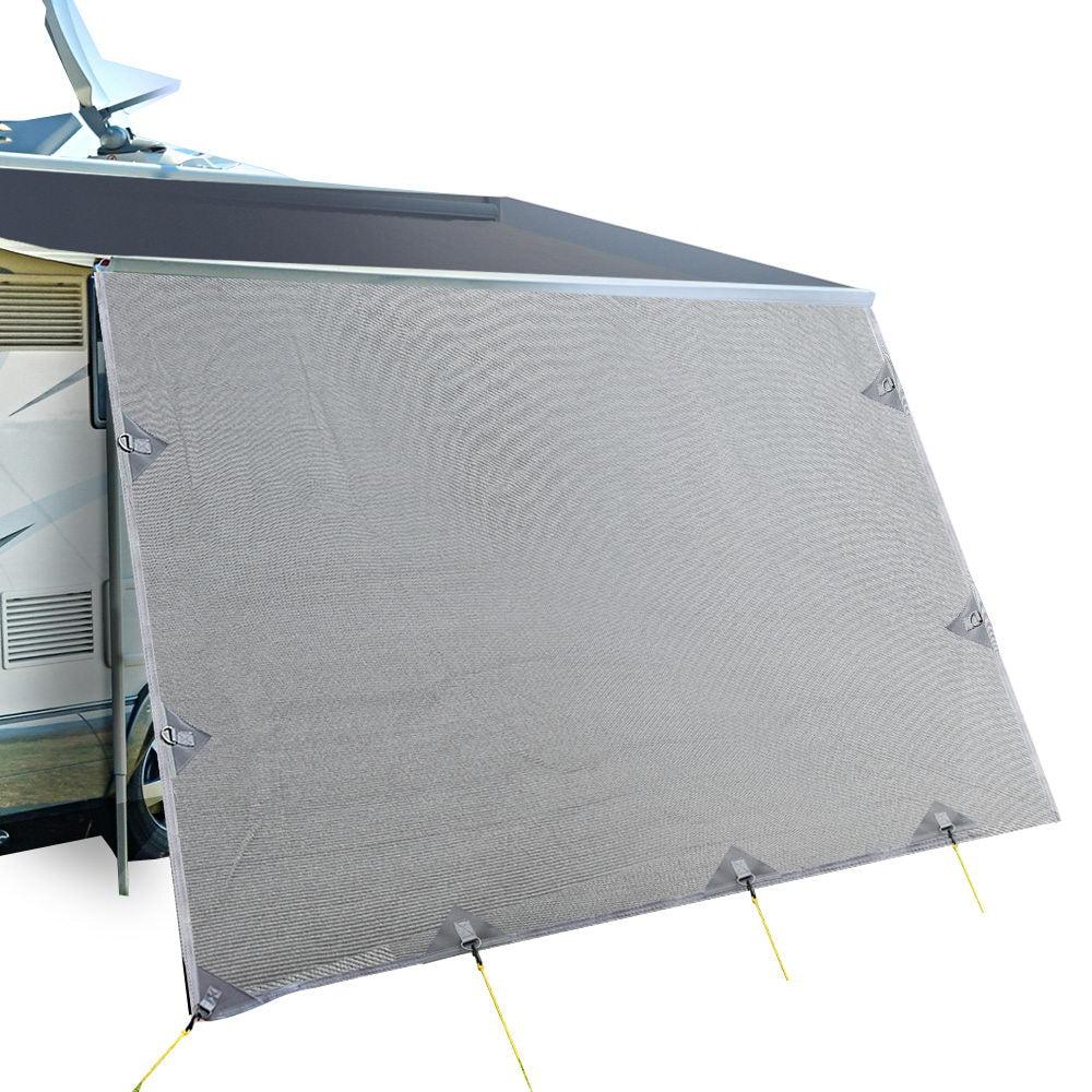 4.0M Caravan Privacy Screen attached to a caravan awning, providing shade and privacy in a grey color.