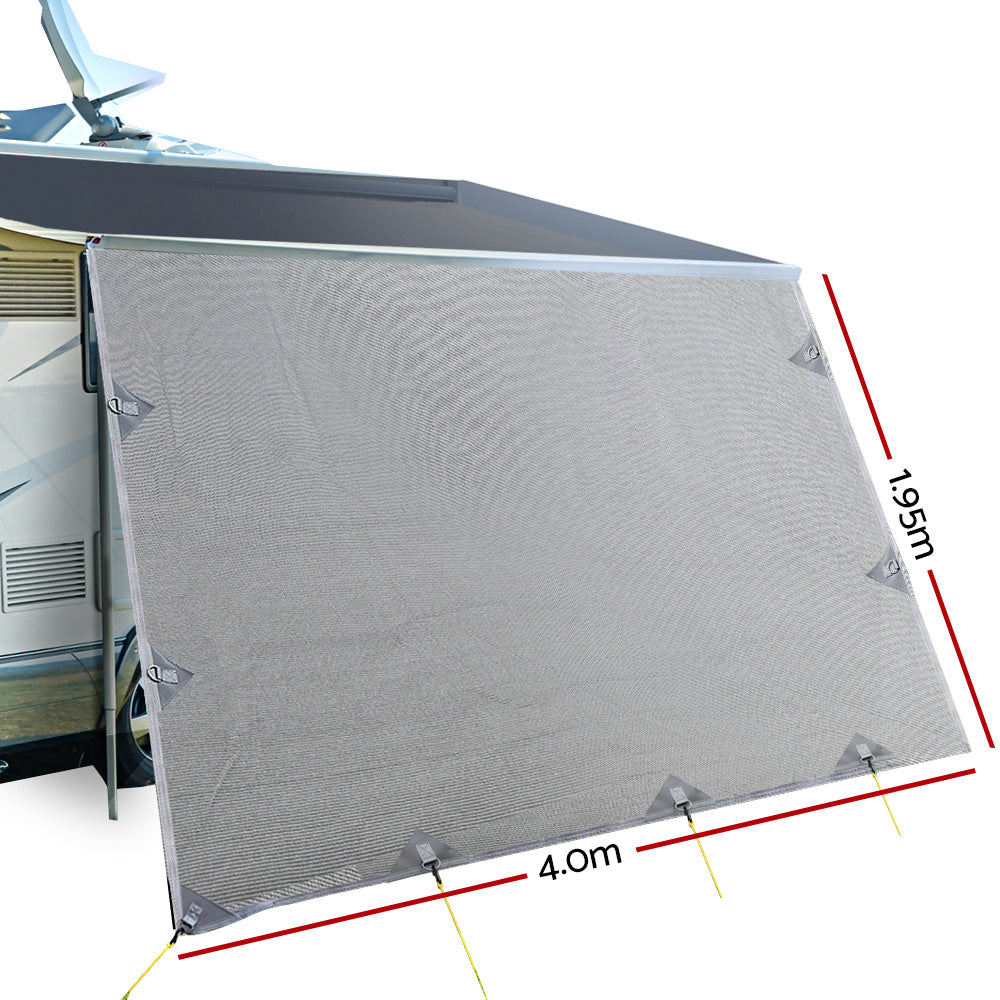 4.0M Caravan Privacy Screen attached to a caravan awning, providing shade and privacy in a grey color.