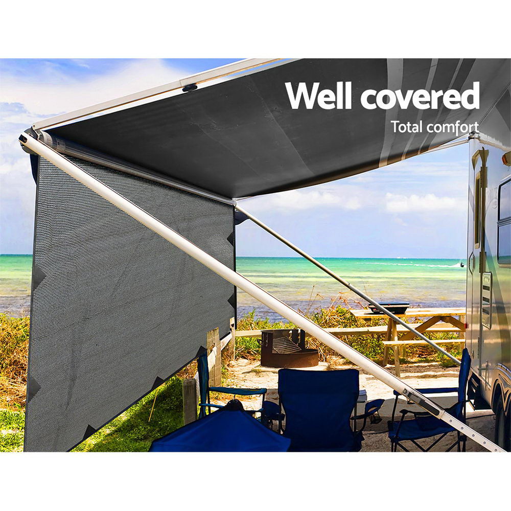 4.0M Caravan Privacy Screen attached to a caravan awning, providing shade and privacy in a grey color.