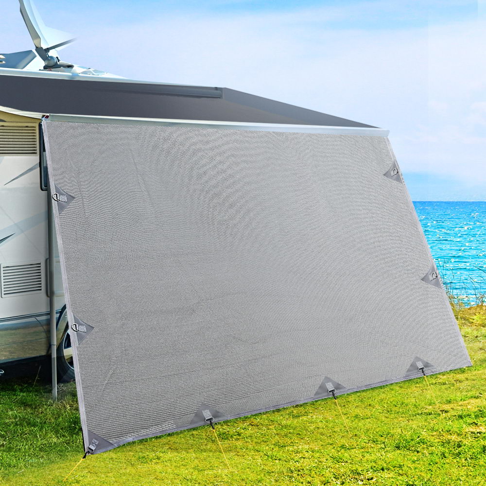 4.0M Caravan Privacy Screen attached to a caravan awning, providing shade and privacy in a grey color.