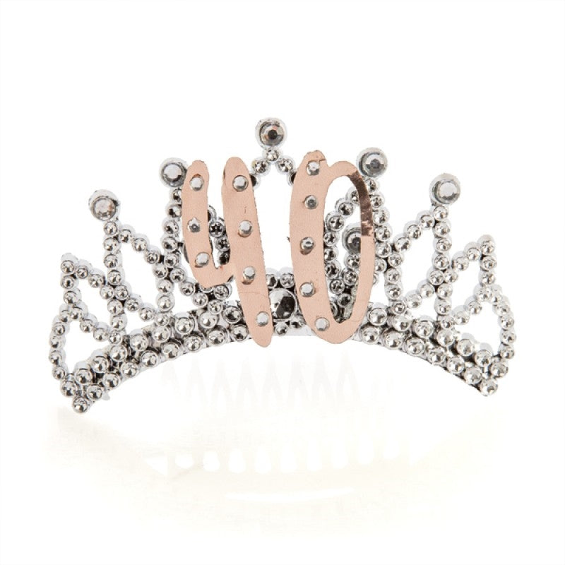A beautiful silver tiara adorned with a rose gold 40 birthday number badge, perfect for celebrating a 40th birthday.