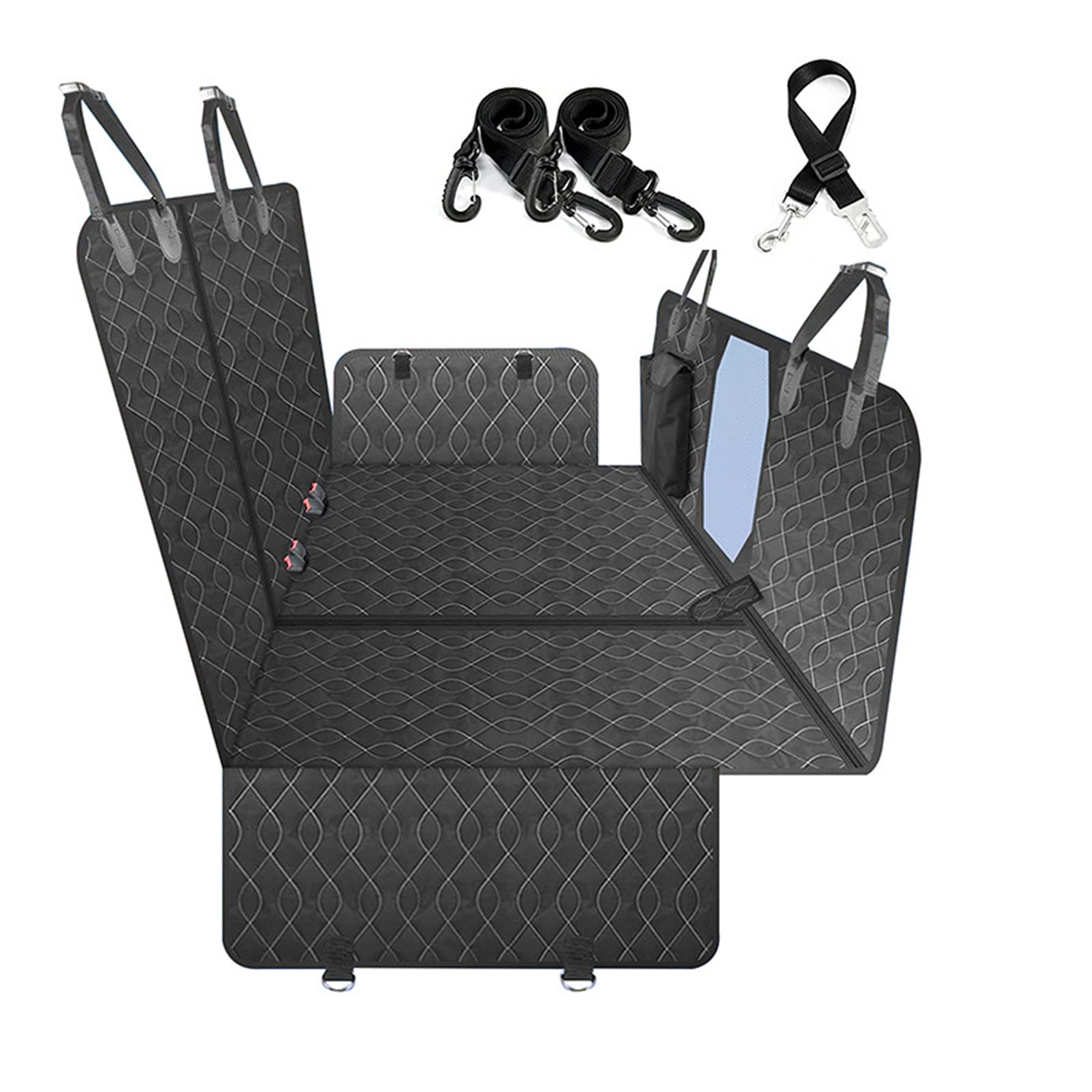 4-in-1 multi-function car back seat cover for pets, featuring a waterproof hammock design suitable for dogs of all sizes.