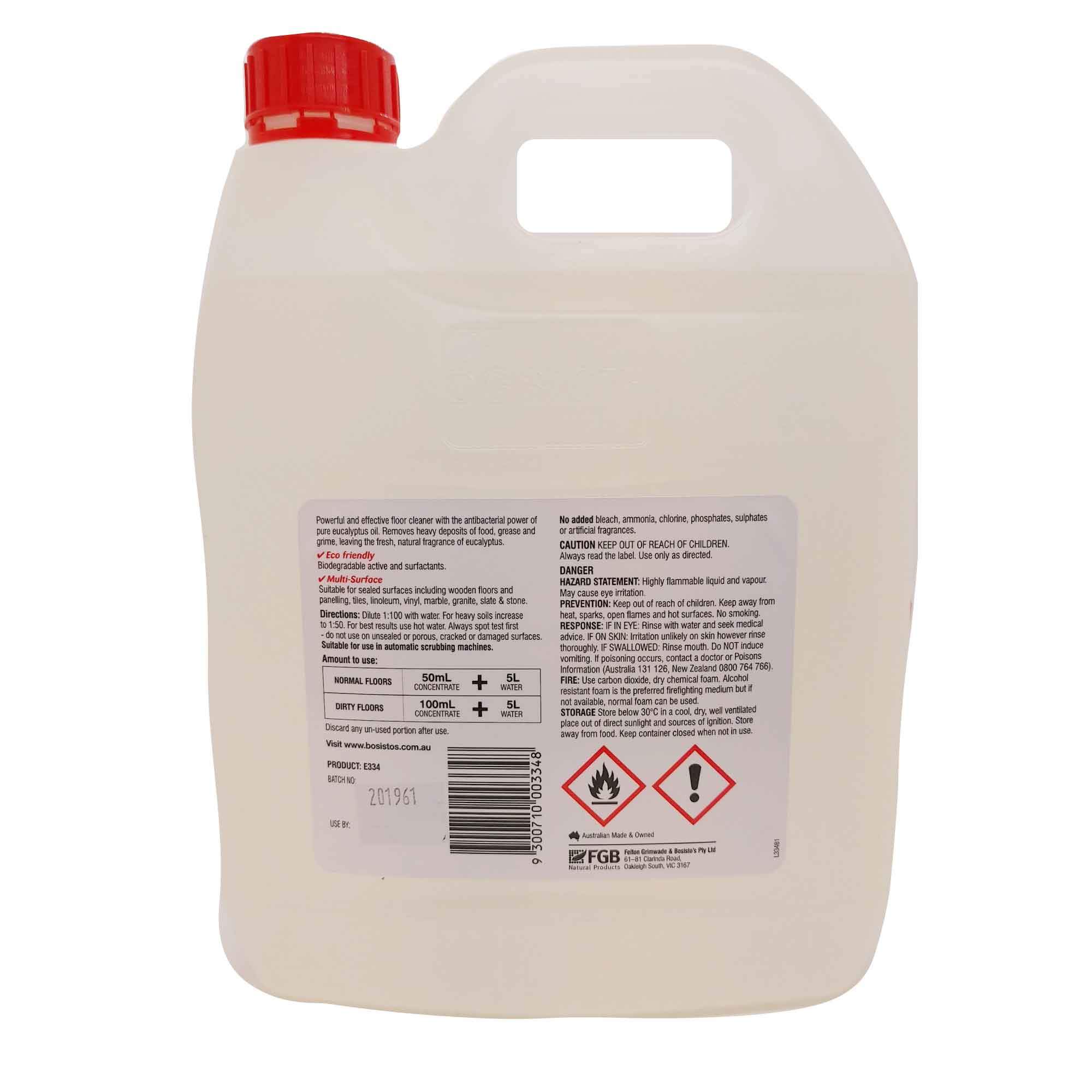 4L bottle of Bosisto's Heavy Duty Floor Cleaner Concentrate with eucalyptus oil, designed for effective cleaning of various surfaces.