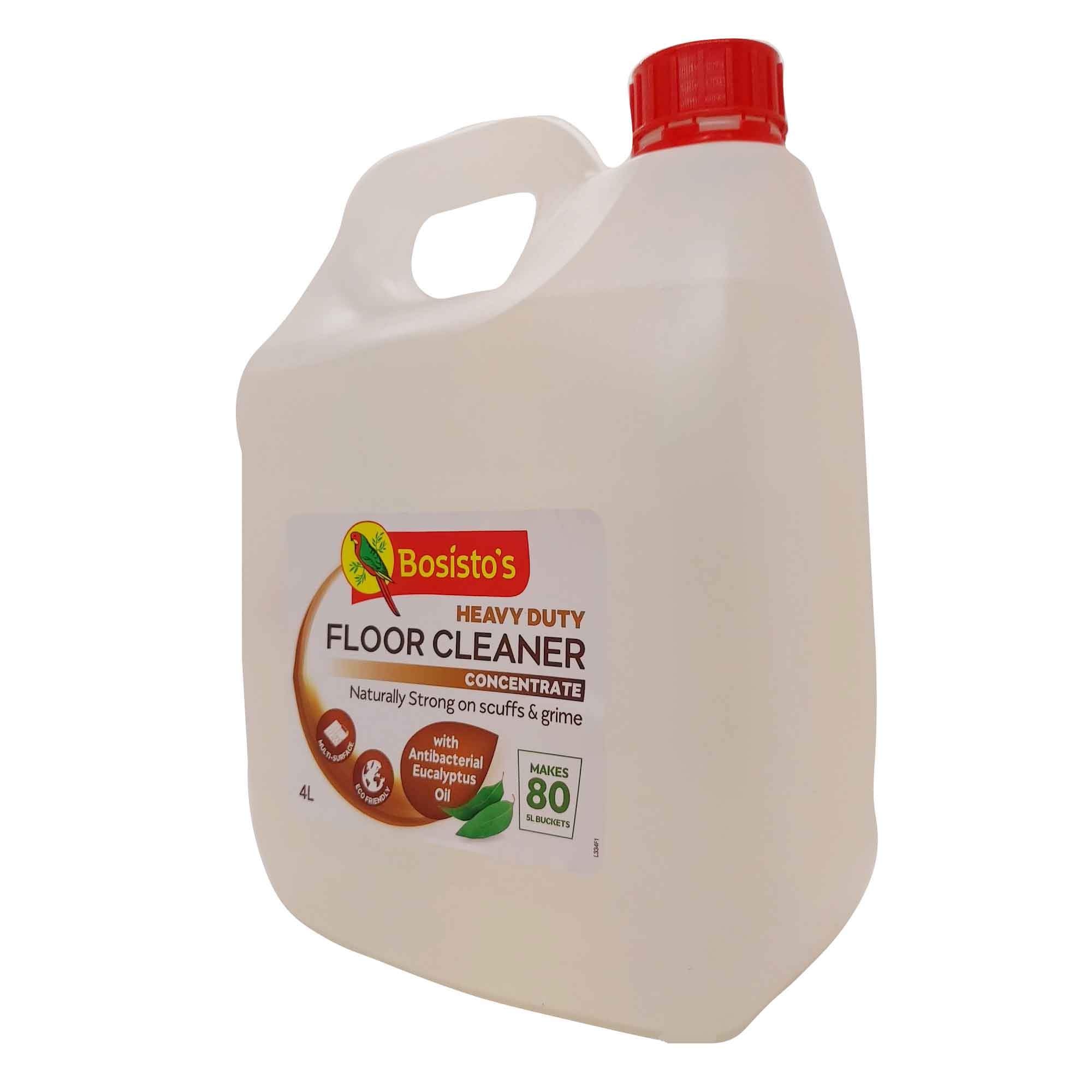 4L bottle of Bosisto's Heavy Duty Floor Cleaner Concentrate with eucalyptus oil, designed for effective cleaning of various surfaces.